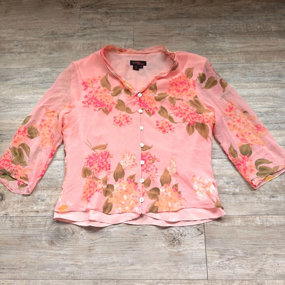 Vintage Y2K Cynthia Howie 100% Silk Floral Blouse Size 10 Cottagecore Coquette